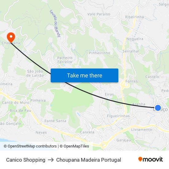 Canico Shopping to Choupana Madeira Portugal map
