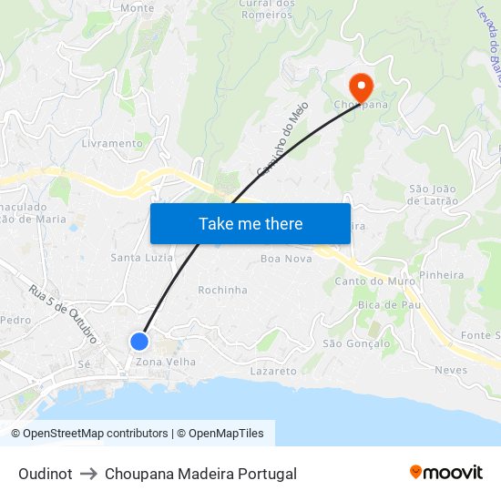 Oudinot to Choupana Madeira Portugal map