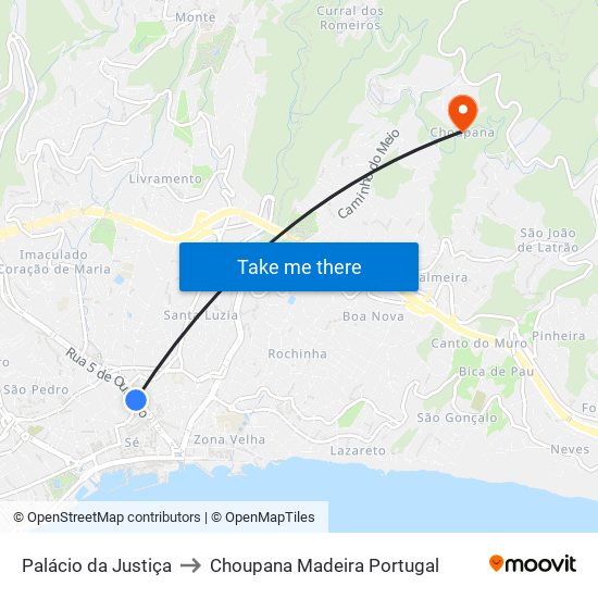 Palácio da Justiça to Choupana Madeira Portugal map