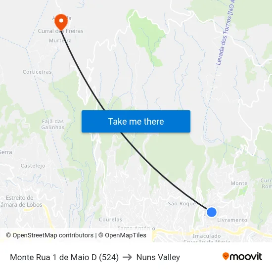 Monte  Rua 1 de Maio  D (524) to Nuns Valley map