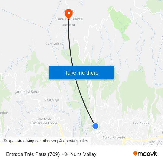 Entrada Três Paus (709) to Nuns Valley map