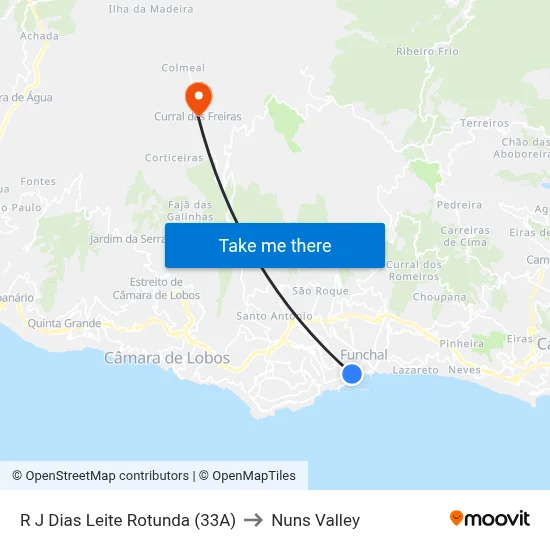 R J Dias Leite  Rotunda (33A) to Nuns Valley map