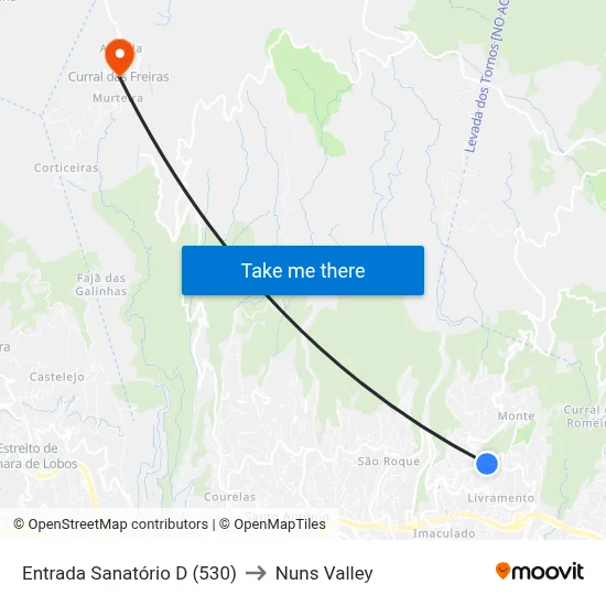 Entrada Sanatório  D (530) to Nuns Valley map