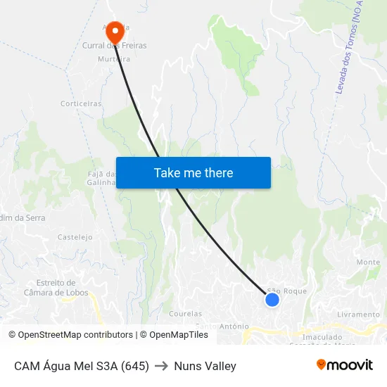 CAM Água Mel  S3A (645) to Nuns Valley map