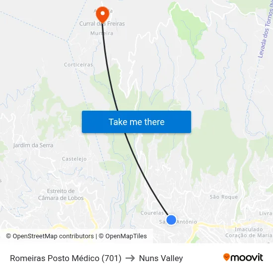 Romeiras  Posto Médico (701) to Nuns Valley map