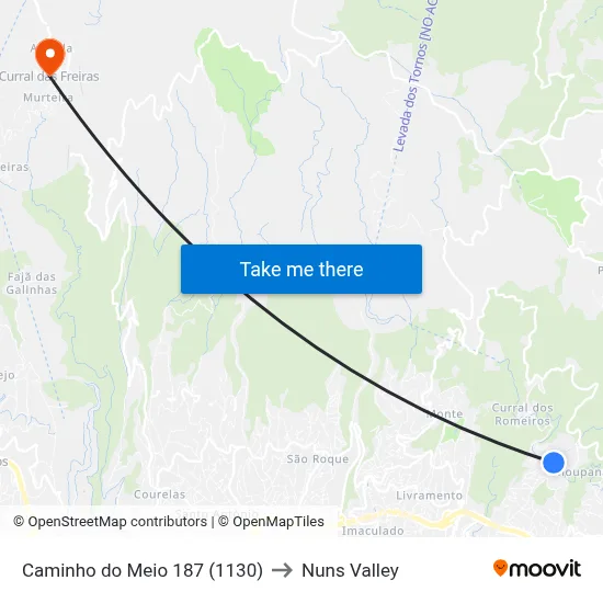 Caminho do Meio  187 (1130) to Nuns Valley map