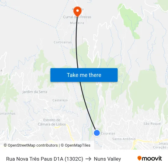 Rua Nova Três Paus  D1A (1302C) to Nuns Valley map