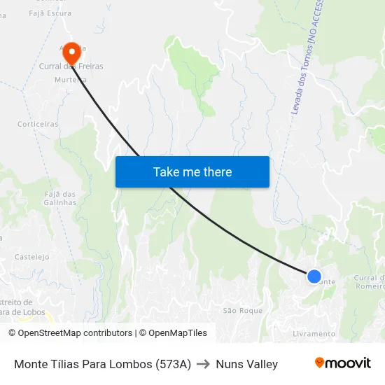 Monte  Tílias Para Lombos (573A) to Nuns Valley map