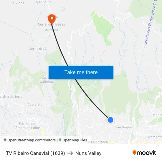 TV Ribeiro Canavial (1639) to Nuns Valley map