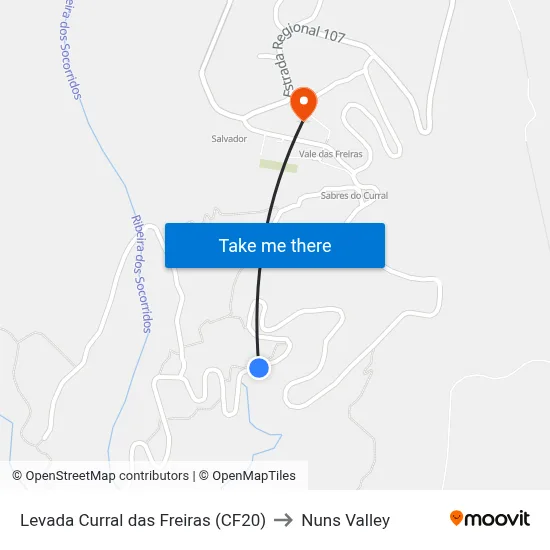 Levada Curral das Freiras (CF20) to Nuns Valley map