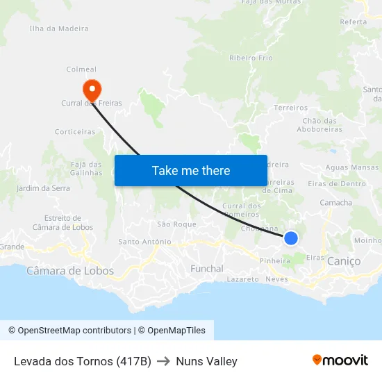 Levada dos Tornos (417B) to Nuns Valley map