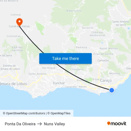 Ponta Da Oliveira to Nuns Valley map
