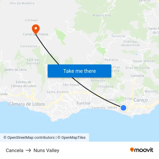 Cancela to Nuns Valley map