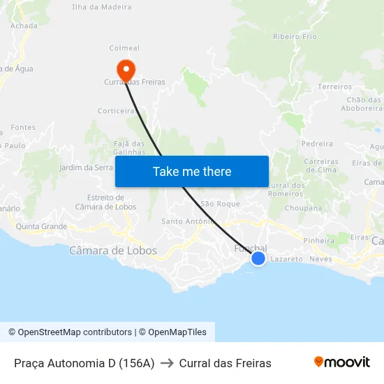 Praça Autonomia  D (156A) to Curral das Freiras map