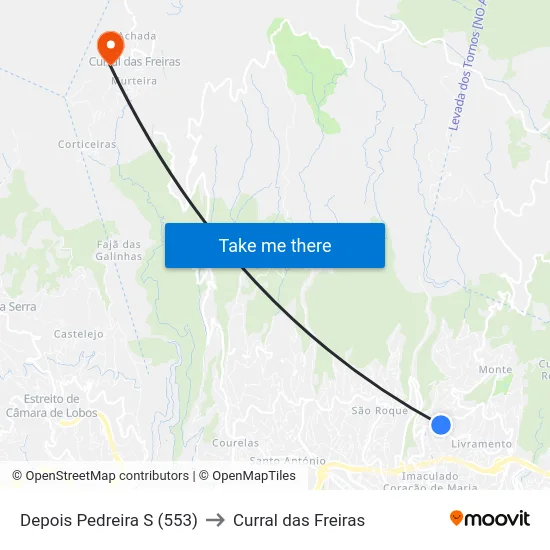 Depois Pedreira  S (553) to Curral das Freiras map