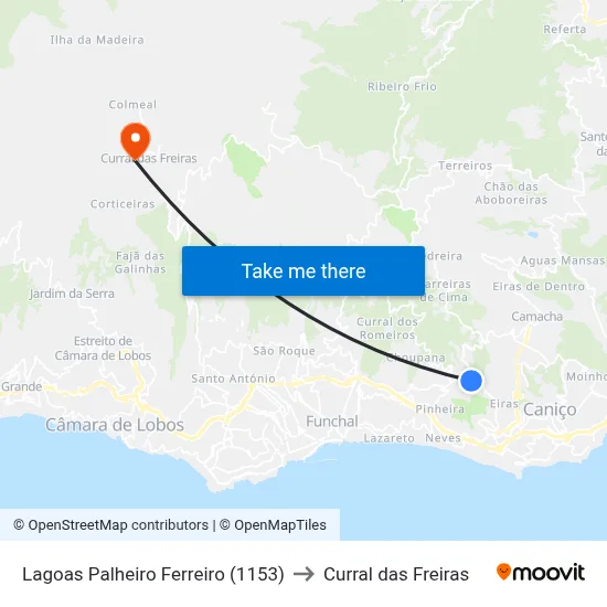 Lagoas Palheiro Ferreiro (1153) to Curral das Freiras map