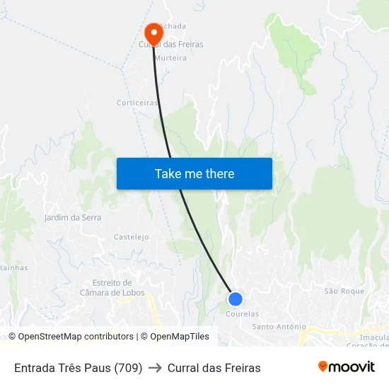 Entrada Três Paus (709) to Curral das Freiras map