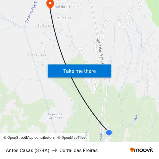 Antes Casas (874A) to Curral das Freiras map