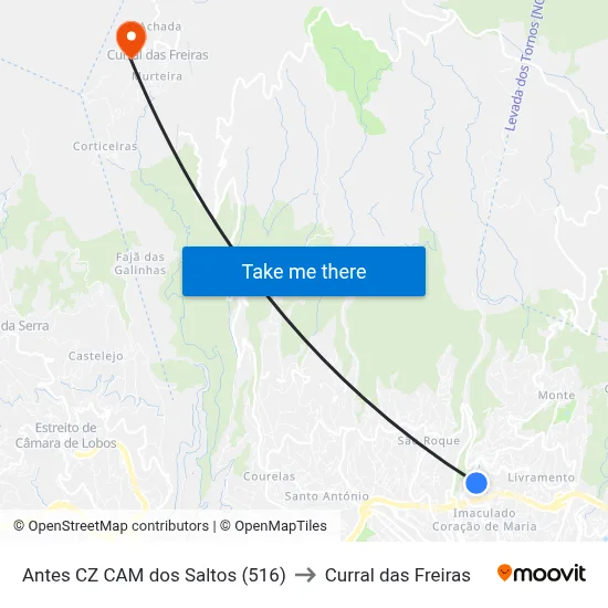 Antes CZ CAM dos Saltos (516) to Curral das Freiras map
