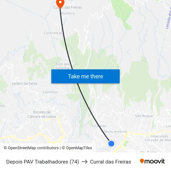 Depois PAV Trabalhadores (74) to Curral das Freiras map