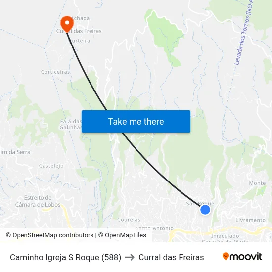 Caminho Igreja  S Roque (588) to Curral das Freiras map