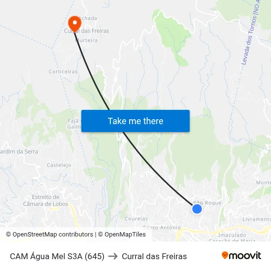 CAM Água Mel  S3A (645) to Curral das Freiras map