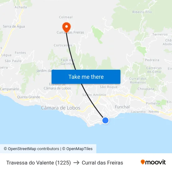 Travessa do Valente (1225) to Curral das Freiras map