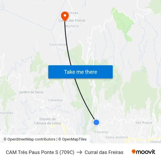 CAM Três Paus  Ponte  S (709C) to Curral das Freiras map