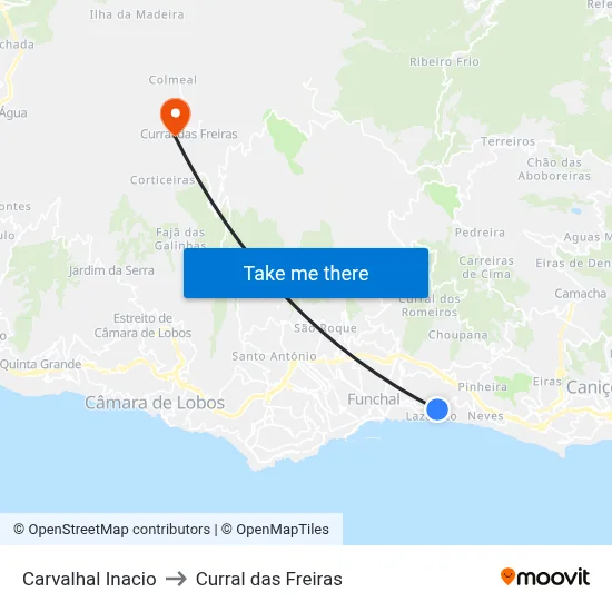 Carvalhal Inacio to Curral das Freiras map