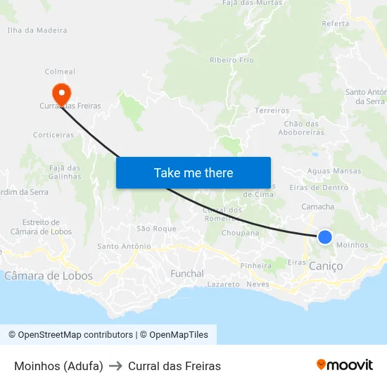 Moinhos (Adufa) to Curral das Freiras map
