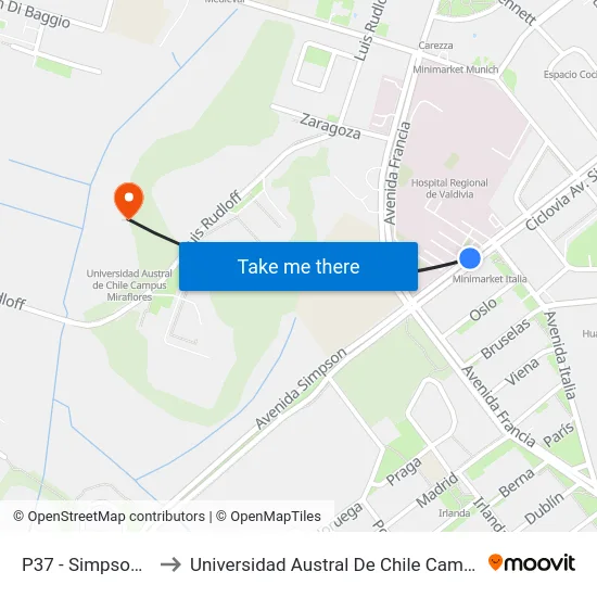 P37 - Simpson / Italia to Universidad Austral De Chile Campus Miraflores map