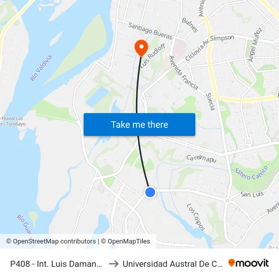 P408 - Int. Luis Damann Asenjo / Los Pumas to Universidad Austral De Chile Campus Miraflores map