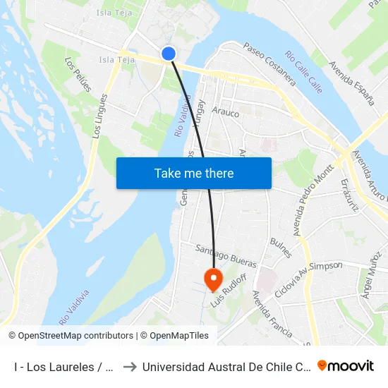 I - Los Laureles / Las Encinas to Universidad Austral De Chile Campus Miraflores map