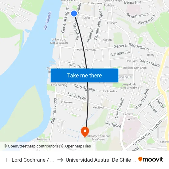 I - Lord Cochrane / Pérez Rosales to Universidad Austral De Chile Campus Miraflores map