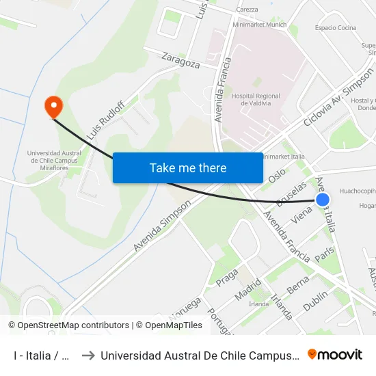 I - Italia / Viena to Universidad Austral De Chile Campus Miraflores map