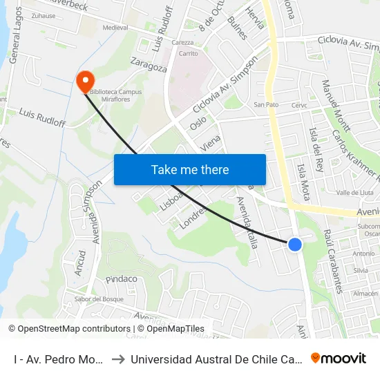 I - Av. Pedro Montt / Turín to Universidad Austral De Chile Campus Miraflores map