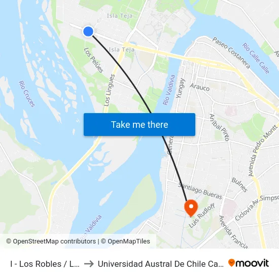 I - Los Robles / Los Pelues to Universidad Austral De Chile Campus Miraflores map