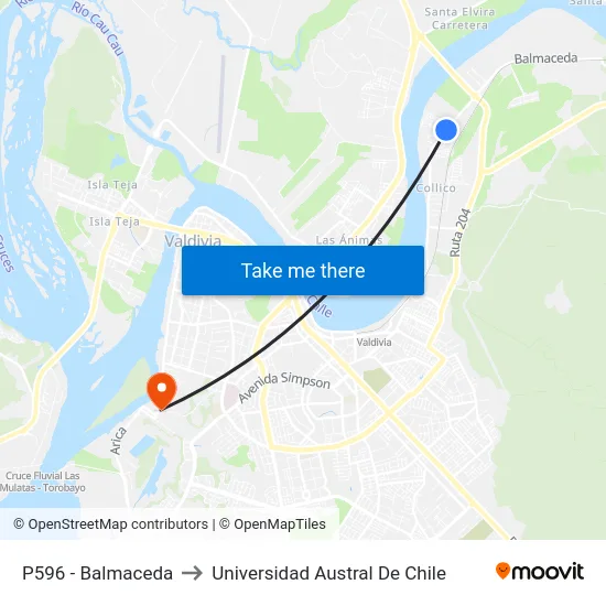 P596 - Balmaceda to Universidad Austral De Chile map