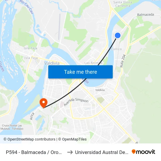 P594 - Balmaceda / Orompello to Universidad Austral De Chile map