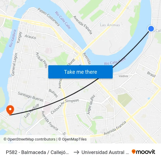 P582 - Balmaceda / Callejón Particular to Universidad Austral De Chile map