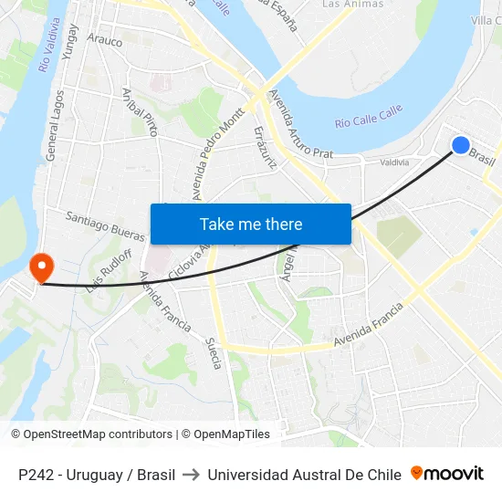 P242 - Uruguay / Brasil to Universidad Austral De Chile map