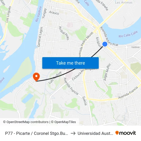 P77 - Picarte / Coronel Stgo.Bueras - Barros Arana to Universidad Austral De Chile map