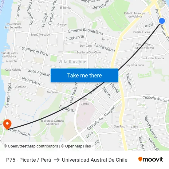 P75 - Picarte / Perú to Universidad Austral De Chile map