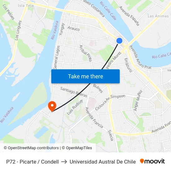 P72 - Picarte / Condell to Universidad Austral De Chile map