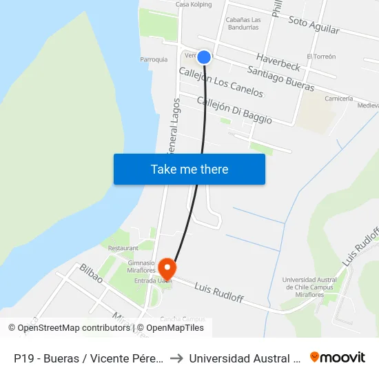 P19 - Bueras / Vicente Pérez Rosales to Universidad Austral De Chile map