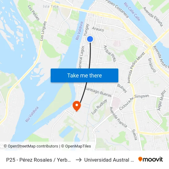 P25 - Pérez Rosales / Yerbas Buenas to Universidad Austral De Chile map