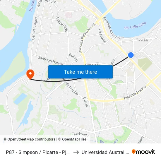 P87 - Simpson / Picarte - Pje. Simpson to Universidad Austral De Chile map