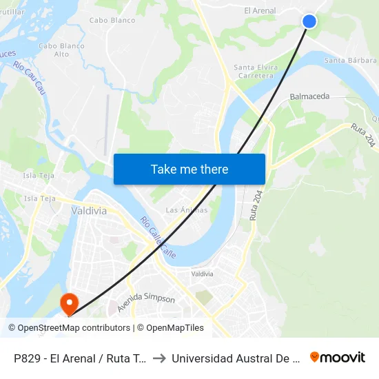 P829 - El Arenal / Ruta T-313 to Universidad Austral De Chile map
