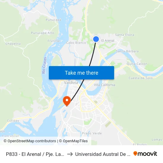 P833 - El Arenal / Pje. Lautaro to Universidad Austral De Chile map