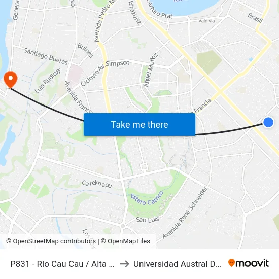 P831 - Río Cau Cau / Alta Mirano to Universidad Austral De Chile map
